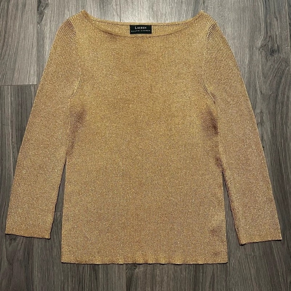Lauren Ralph Lauren Gold Metallic Shimmer Knit Sweater Women's M